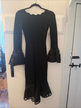 Sachin + Babi Black Scallop Neck Long Sleeve Dress with Lace Flounce